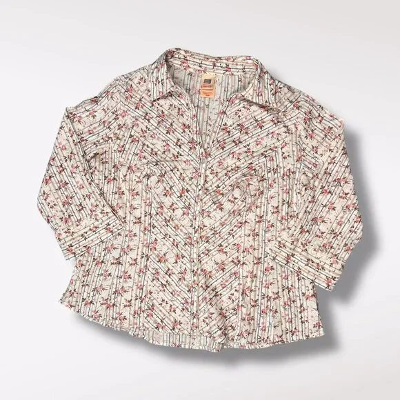 Faded Glory Floral Button Up Shirt Stretch Cotton Blend 3/4 Sleeve Size 16W - Picture 10 of 10